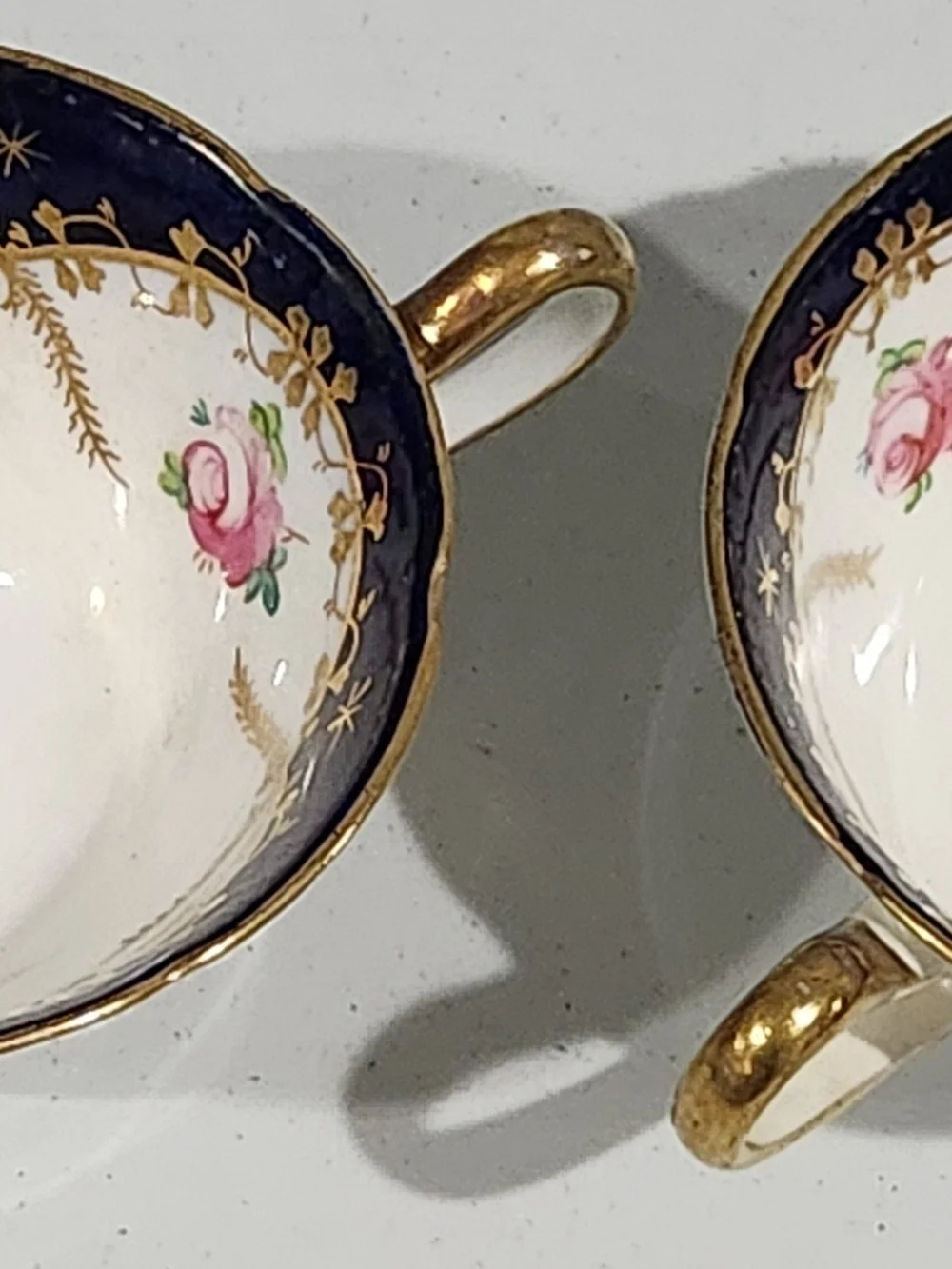 Antique Grosvenor China Bouillon Cups Pair Cobalt Blue Gold Rose 1920s Jackson G